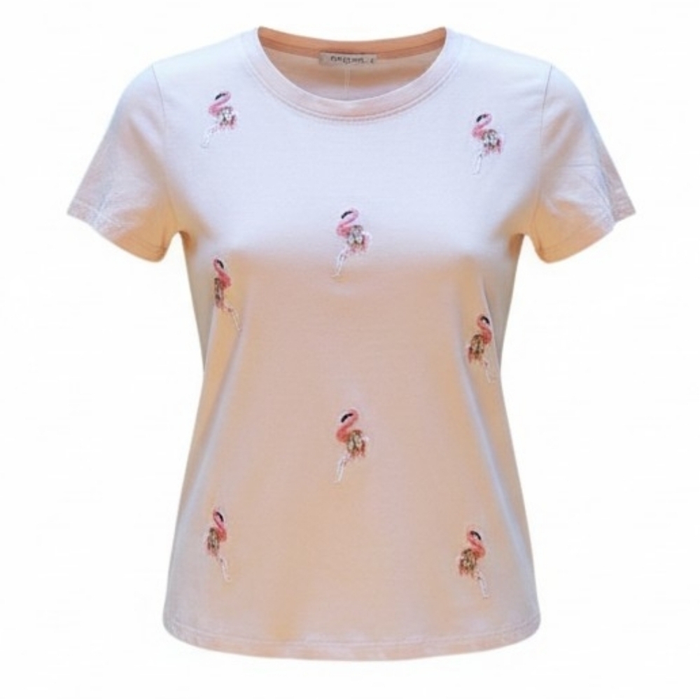Women’s Short Sleeve Pink Flamingo Embroidered Tee